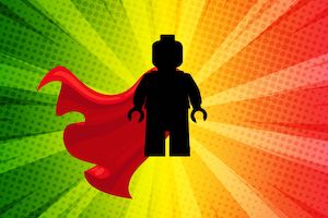 Lego superhero wearing a cape on a colourful background