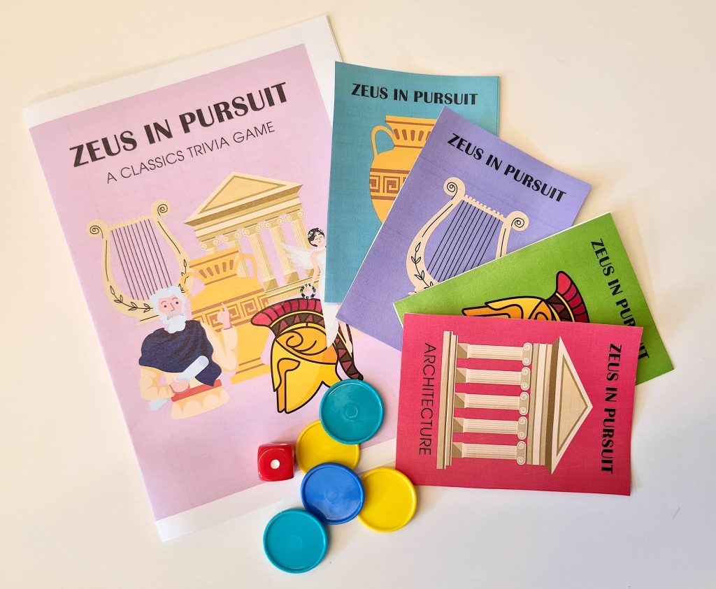 Sample cards and rule book for the game Zeus in Pursuit.