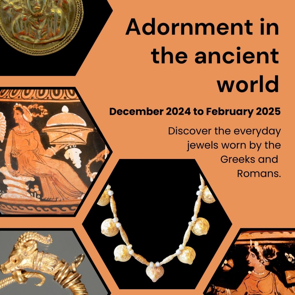 Promo tile for Adornment exhibition featuring images of ancient jewellery in a honeycomb pattern