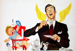 Vintage coffee advert. The image shows a crying baby in a high chair. Next to him is a smiling man drinking coffee.