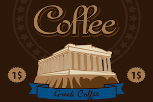 Vintage coffee add with Parthenon at centre.
