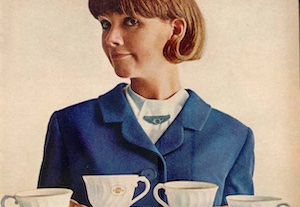 Vintage coffee advert of a woman holding four cups.