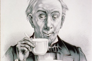 Vintage coffee advert. Stylised drawing of a man holding a coffee cup.