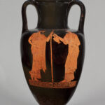 Image of a red figure neck amphora showing Zeus and Hebe.