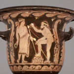 Image of red-figure Bell-Krater showign Dionysus and Silen.
