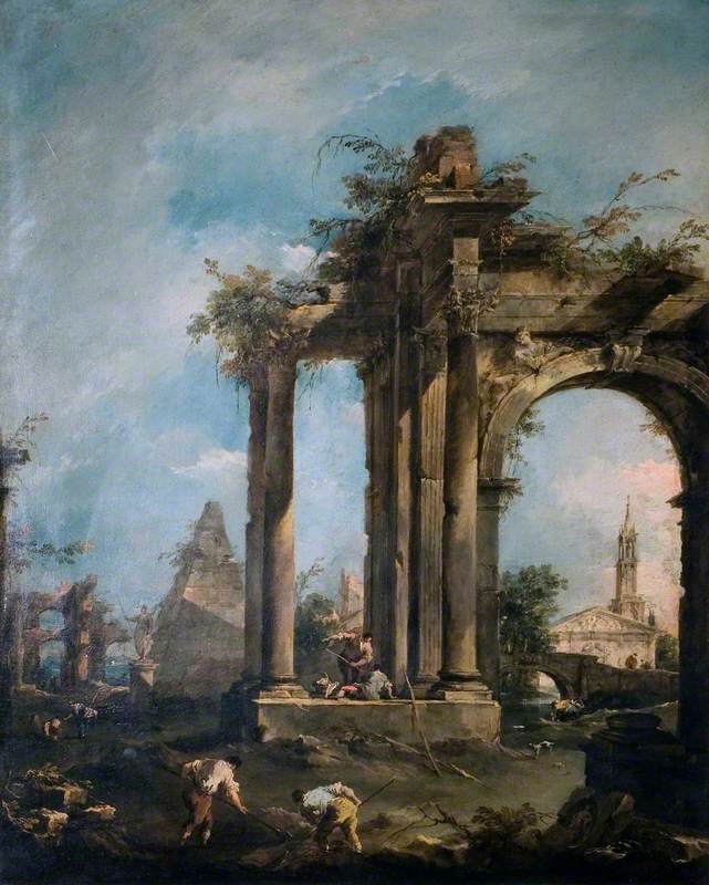 Landscape view of Roman ruins. People are digging around the ruins. A church is visible in the background.